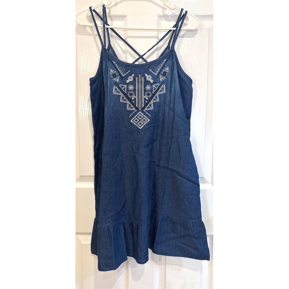 Moral Fiber Blue Denim Embroidered Sleeveless Dress -‎ Women's Size L
